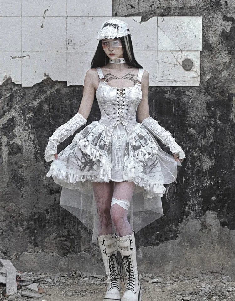 ExploreAllFinds - Gothic White Tailed Temperament Lace Bandage Sling Dress - ExploreAllFinds