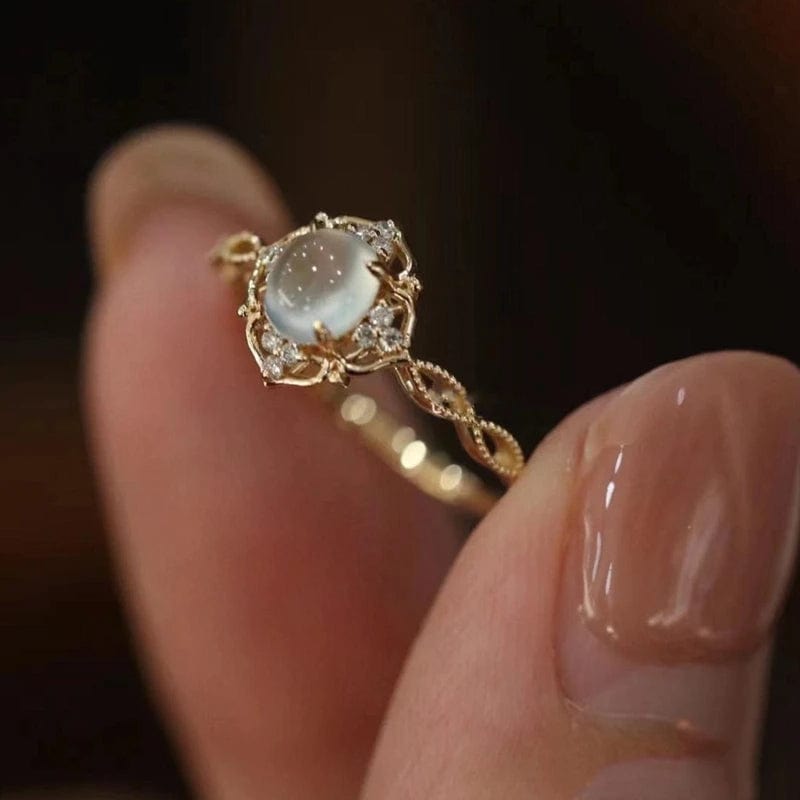 Adjustable Retro Gold Moonstone Ring with Diamonds - A Unique Handmade Design for Weddings and Parties - ExploreAllFinds
