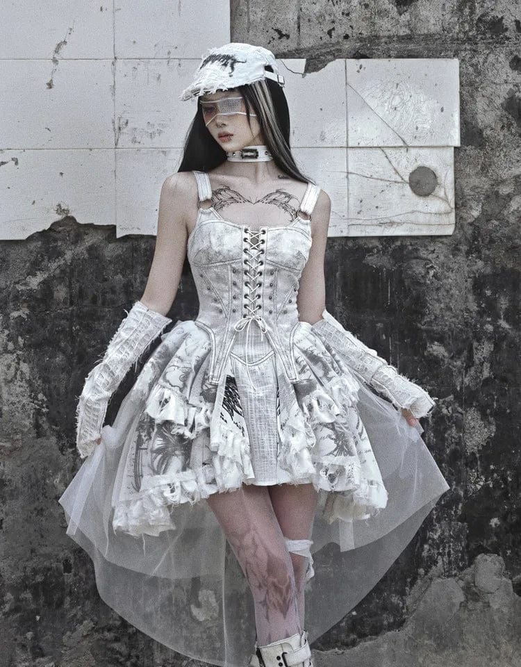 ExploreAllFinds - Gothic White Tailed Temperament Lace Bandage Sling Dress - ExploreAllFinds