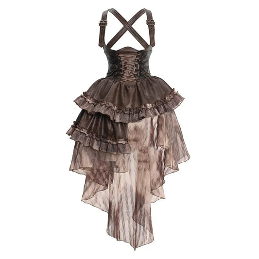 ExploreAllFinds - Punk Asymmetric Pu Chest Plate Strapped And Trailing Dress - ExploreAllFinds