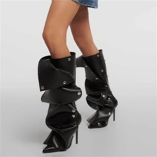 ExploreAllFinds - Onlymaker Leather Pointed Toe High Boots - ExploreAllFinds
