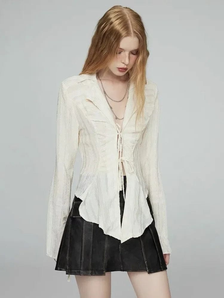 ExploreAllFinds - Fairycore Lace Up Blouse Long Sleeve New Turn Down - ExploreAllFinds