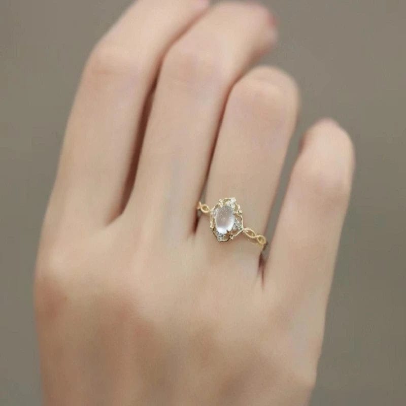 Adjustable Retro Gold Moonstone Ring with Diamonds - A Unique Handmade Design for Weddings and Parties - ExploreAllFinds