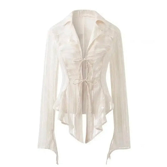 ExploreAllFinds - Fairycore Lace Up Blouse Long Sleeve New Turn Down - ExploreAllFinds